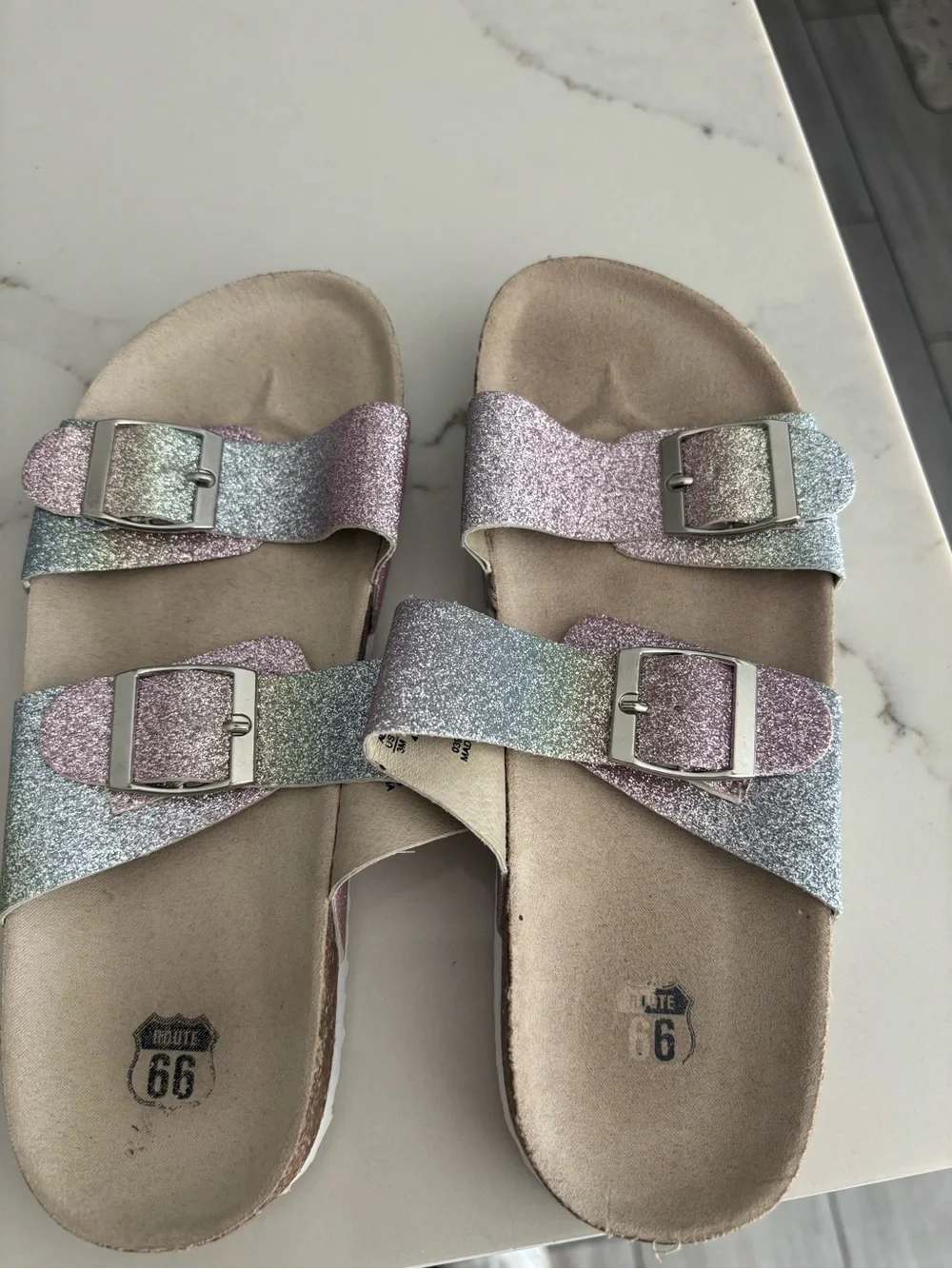 Route 66 Pastel Glitter Double-Buckle Slide Sandals